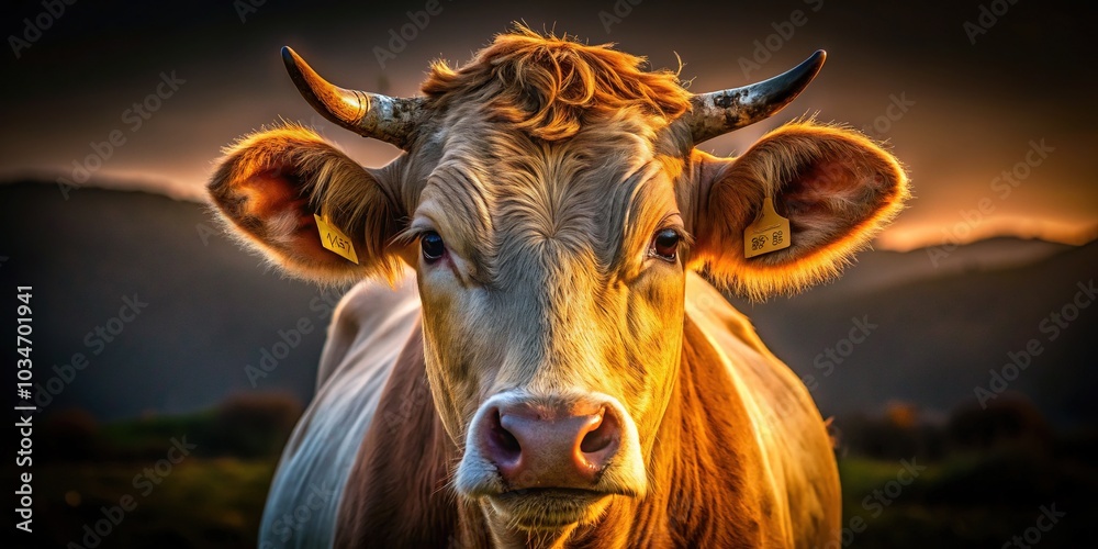 A symphony of shadows and light reveals the majesty of a bovine head, a nocturnal portrait of nature's grace. A symphony of shadows and light reveals the majesty of a bovine head, a nocturnal portrait of nature's grace.
