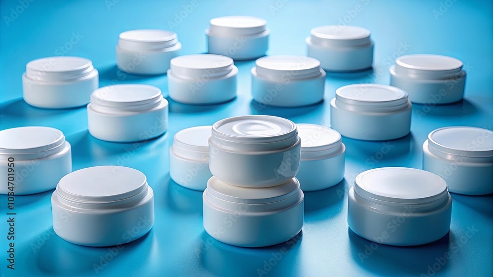 A cluster of pristine white containers, arranged in an orderly pattern on a vibrant blue surface, creating a captivating visual display. A cluster of pristine white containers, arranged in an orderly pattern on a vibrant blue surface, creating a captivating visual display.