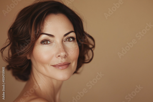 Beautiful middle age woman on neutral beige background, skincare.	