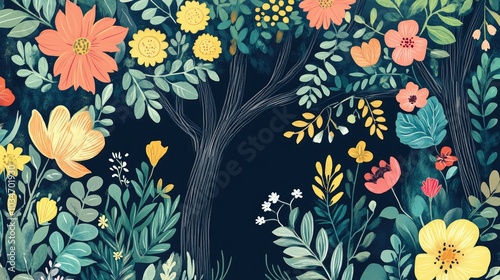 Vibrant artwork showcasing a spring collection featuring flowers trees leaves and animals Illustrative decorative stickers and doodles represent spring themes Hand drawn modern design photo