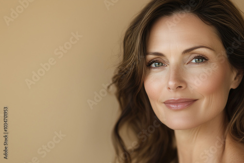 Beautiful middle age woman on neutral beige background, skincare. 