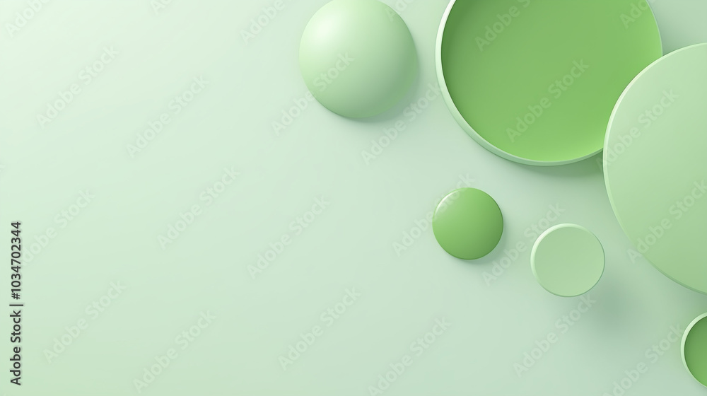 Circles with a frosted glass effect in shades of green rest on a light green background, creating a modern and minimalist visual appeal in an artistic arrangement, copy space, background