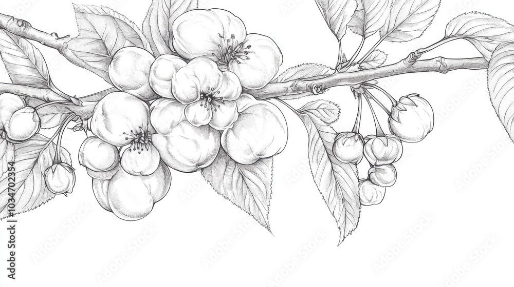 Fototapeta premium Line art illustration of cherries with leaves featuring cherry blossoms