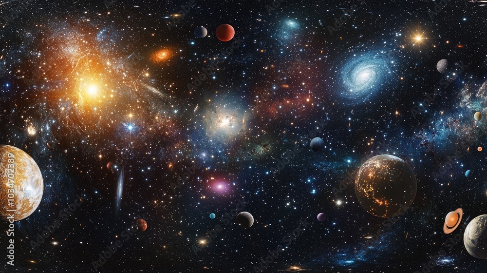 Realistic illustration of the universe featuring stars and nebulas in a seamless 360 panorama for equirectangular spherical projection rendered in 3D cartoon style against an outer space backgroun