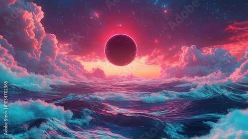 Colorful graphics for a science fiction wallpaper featuring a 3D cartoon rendering of a black hole showcasing the beauty of deep space with elements like water waves clouds the night sky the unive photo