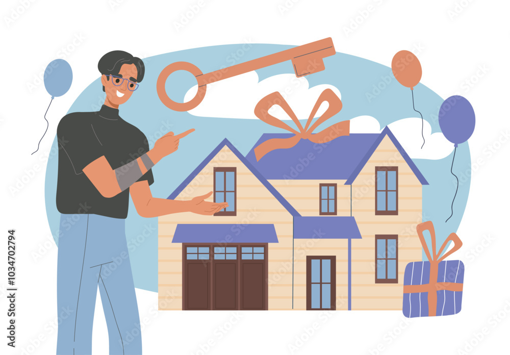 Man with house gift. Young guy near building with keys. Real estate and private property transactions. Rental sale of cottage or townhouse. Flat vector illustration isolated on white background Man with house gift. Young guy near building with keys. Real estate and private property transactions. Rental sale of cottage or townhouse. Flat vector illustration isolated on white background