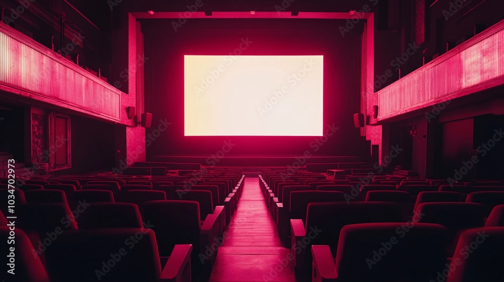 Fototapeta premium Interior of an empty theater with red lighting and a large blank screen, creating a dramatic and immersive atmosphere.