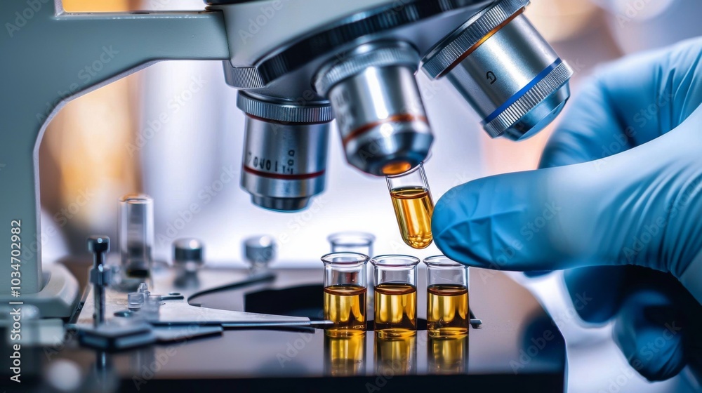 Close-up of researcher hand holding a test tube with new drug compounds under a microscope Close-up of researcher hand holding a test tube with new drug compounds under a microscope