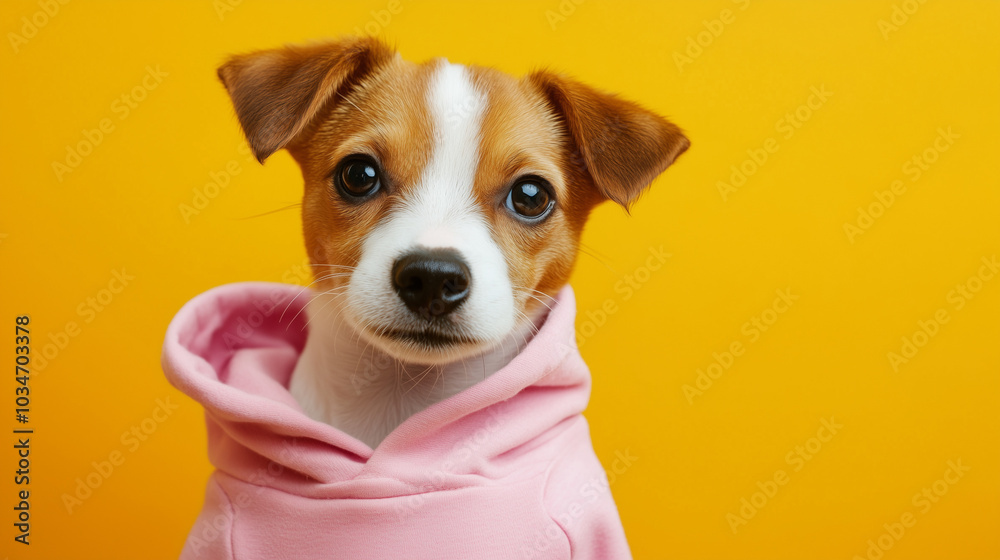 A puppy in a pink sweatshirt on a bright yellow background looks cute and curious