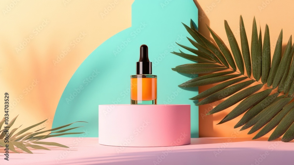 Geometric podium design for showcasing beauty products on a vibrant backdrop Geometric podium design for showcasing beauty products on a vibrant backdrop