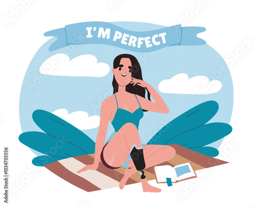 Im perfect woman. Young girl with prosthetic leg. Self acceptance and love, confidence. Positive feelings and emotions. Flat vector illustration isolated on white background