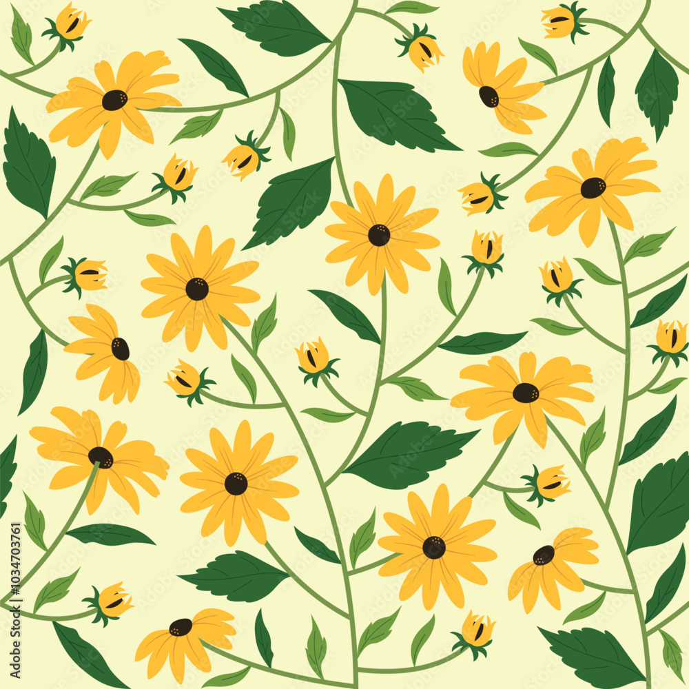 Floral pattern with yellow flowers and green leafs on a soft yellow background, printable textil illustration Floral pattern with yellow flowers and green leafs on a soft yellow background, printable textil illustration