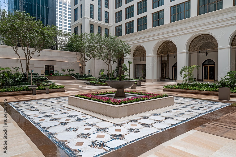 Fototapeta premium Modern Architecture Courtyard with Fountain and Geometric Tile Pattern