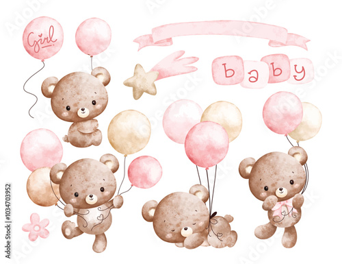 Watercolor Illustration Set of Baby Teddy Bears and Pink Balloons