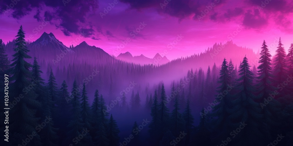 Obraz premium Stunning sunrise landscape featuring a misty forest, pine trees, and mountains in the morning light, Beautiful sunrise over a misty forest with pine trees and mountains in the morning light