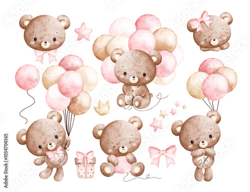 Watercolor Illustration Set of Baby Teddy Bears and Pink Balloons
