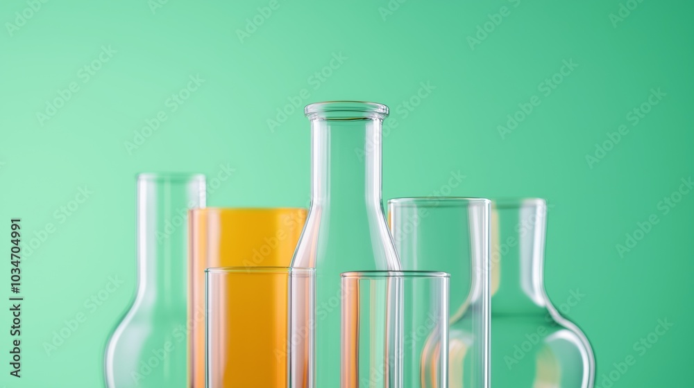 Colorful glass bottles and vases arranged artistically against a green background in a studio setting. Colorful glass bottles and vases arranged artistically against a green background in a studio setting.