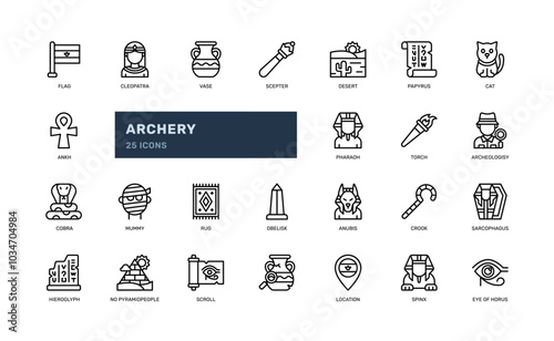 egypt ancient history with pharaoh and culture heritage mythology outline line icon set