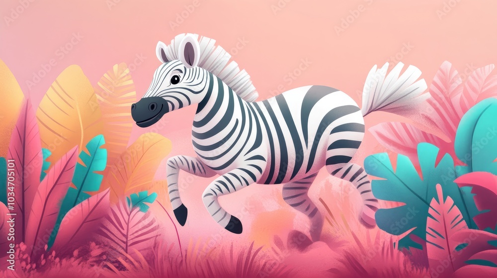 Fototapeta premium Playful zebra in a vibrant 2D cartoon illustration style