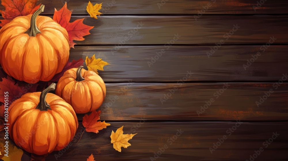 Pumpkins and leaves on a wooden backdrop with ample space for text Ideal for autumn themed harvest Thanksgiving or Halloween invitation designs Pumpkins and leaves on a wooden backdrop with ample space for text Ideal for autumn themed harvest Thanksgiving or Halloween invitation designs