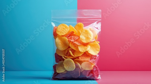 Colorful Snack Chips in Transparent Bag Against Vibrant Blue and Pink Background for Modern Food Photography photo