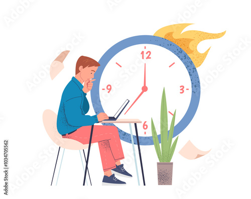 Man with lack of time. Young guy with laptop sits near burning clock. Burinng timer. Deadline pressure. Time management and workflow. Flat vector illustration isolated on white background