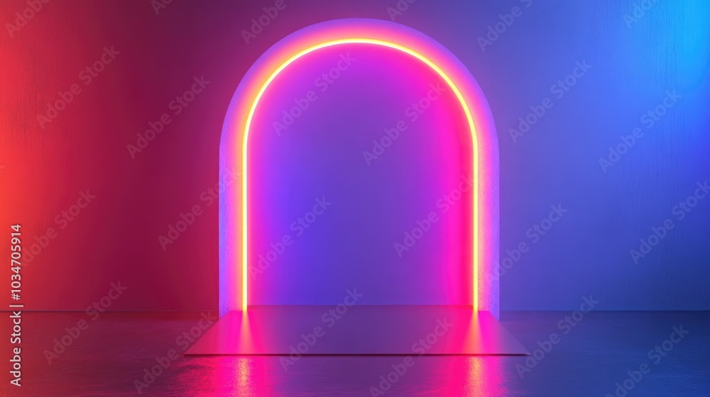 Luminous display stand for showcasing and advertising technological products and gadgets Abstract neon background featuring glowing geometric shapes and a 3D rendered arch frame Luminous display stand for showcasing and advertising technological products and gadgets Abstract neon background featuring glowing geometric shapes and a 3D rendered arch frame