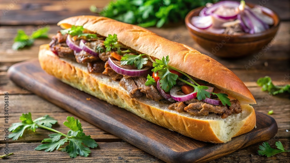 asymmetrical baguette with beef, onion, cilantro, selective focus asymmetrical baguette with beef, onion, cilantro, selective focus