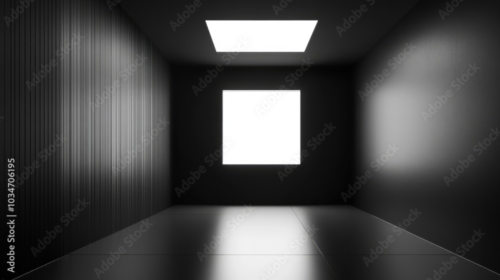 3D animation of a black square room featuring architectural elements lighting and a window 3D animation of a black square room featuring architectural elements lighting and a window