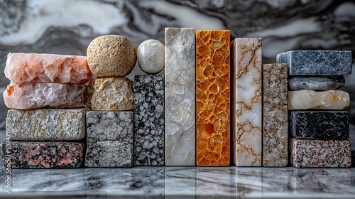 assorted luxury material samples including marble granite and stone tiles representing high end design and quality.stock image