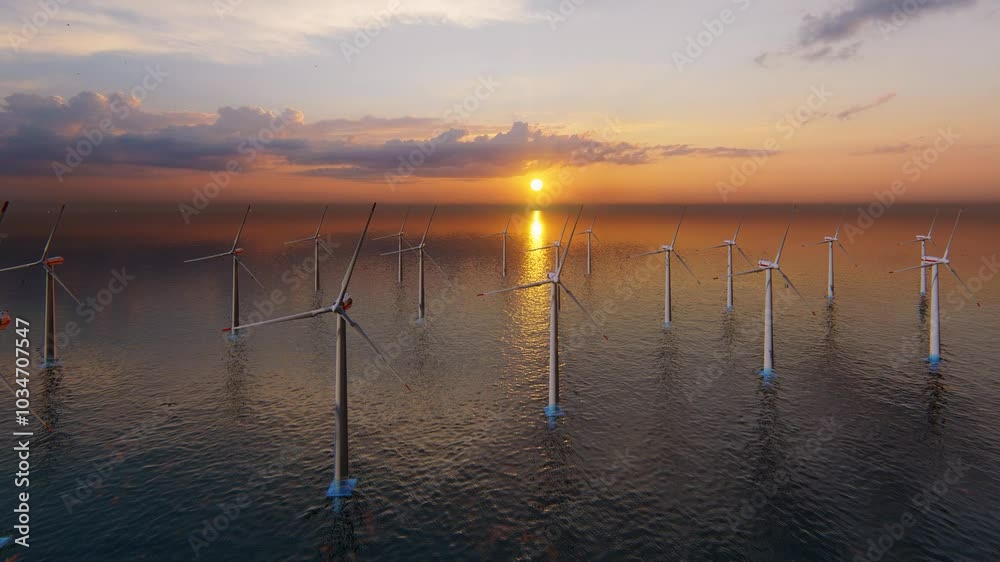 Windmill park. Offshore wind turbines farm on the ocean. Sustainable energy production. Green Energy, clean power, clean energy concept.
Windmill park. Offshore wind turbines farm on the ocean. Sustainable energy production. Green Energy, clean power, clean energy concept.