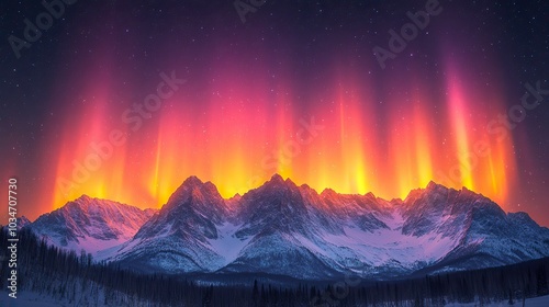 beautiful colorful auror in mountain environment during geomagnetic storm with vibrant lights and snowy peaks.stock image photo