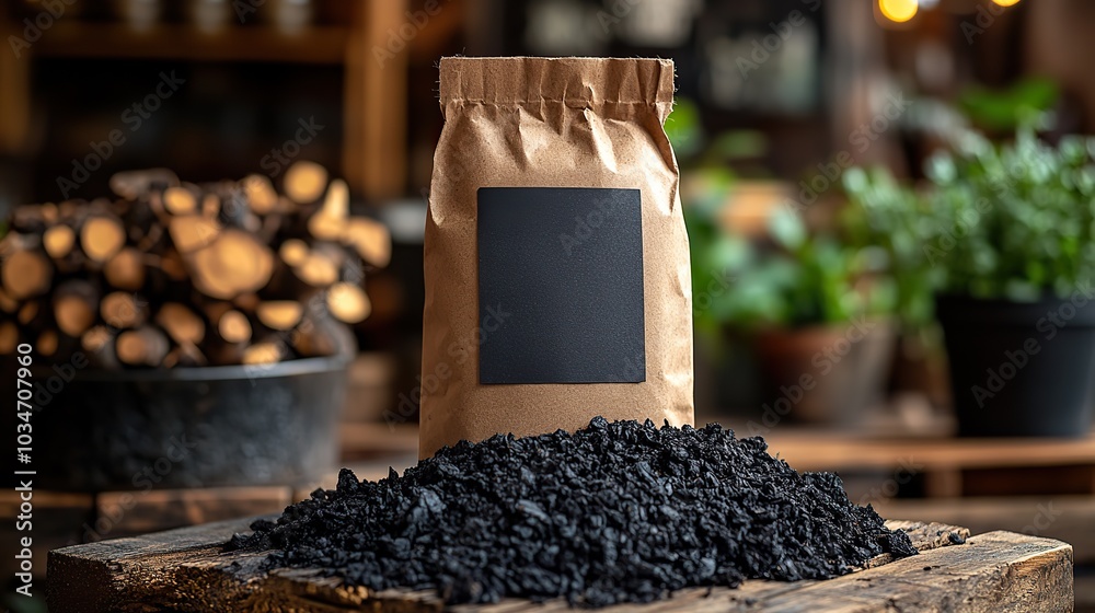 biochar concept with blank label paper bag and pile of biochar on wooden pallet background.stock image biochar concept with blank label paper bag and pile of biochar on wooden pallet background.stock image