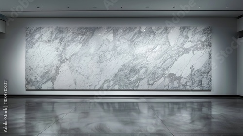 Large marble wall in a modern interior design space. The white marble is accented by gray veins.
