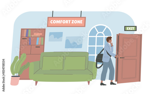 Man leaving comfort zone. Young guy leaves office. Businessman with improvement and self development. Motivation and leadership. Flat vector illustration isolated on white background