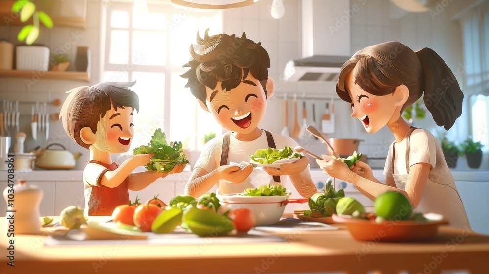 A Smiling Family Cooking a Healthy Meal Together with Fresh Produce in a Cozy Kitchen A Smiling Family Cooking a Healthy Meal Together with Fresh Produce in a Cozy Kitchen
