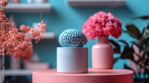 brain and cosmetic jar on colorful background symbolizing the connection between mental health and skincare in psychodermatology and neurocosmetics photo