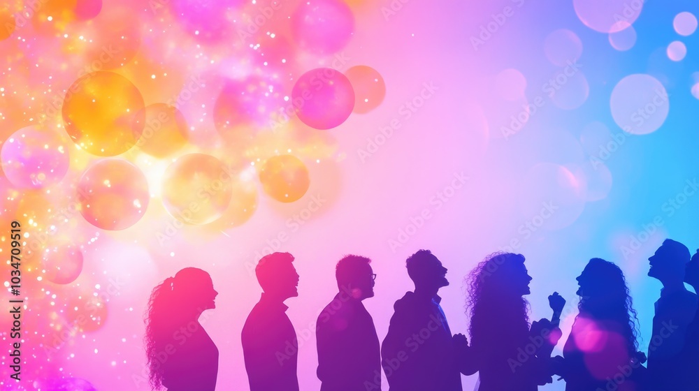 Silhouettes of diverse people conversing against a vibrant colorful background Silhouettes of diverse people conversing against a vibrant colorful background