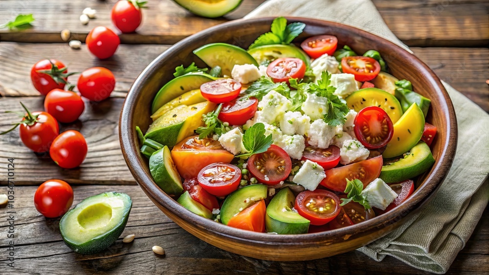 A Vibrant Blend of Freshness Avocado, Tomato, and Feta Cheese Salad in a Rustic Wooden Bowl A Vibrant Blend of Freshness Avocado, Tomato, and Feta Cheese Salad in a Rustic Wooden Bowl