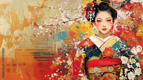 華麗な和服美人と桜の花：伝統と自然の美