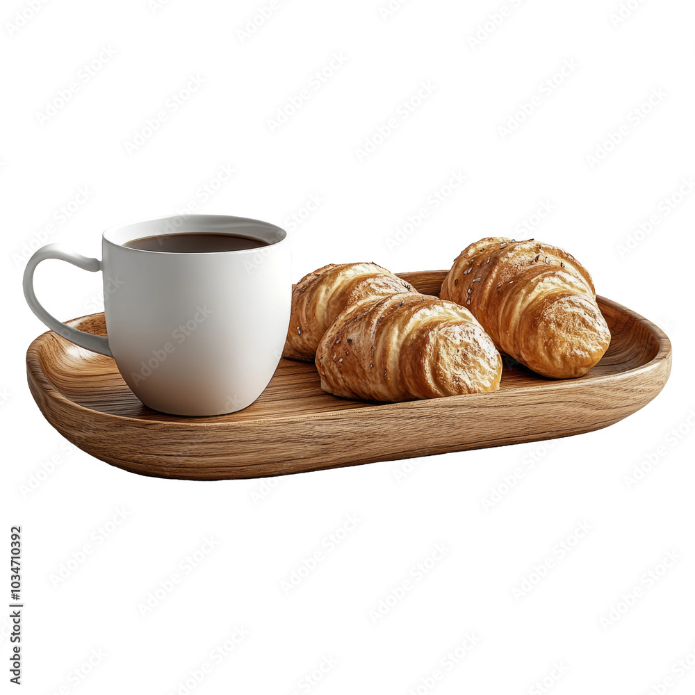 Fresh Croissants and Coffee on Wooden Tray