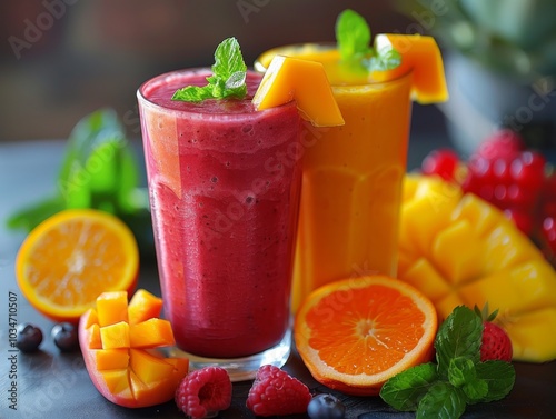 Fresh Fruit Smoothies and Slices with Mint Garnish