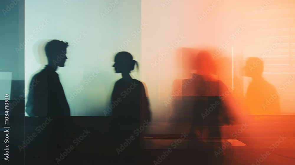 Abstract double exposure of shadow figures in a modern office setting, smooth gradient transitions in light and shadow Abstract double exposure of shadow figures in a modern office setting, smooth gradient transitions in light and shadow