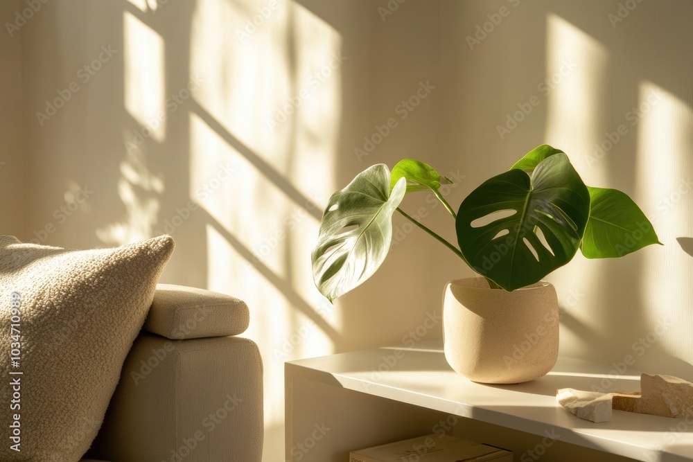 A single potted monstera plant on a sleek, white shelf in a bright, sunlit living room with modern decor. A single potted monstera plant on a sleek, white shelf in a bright, sunlit living room with modern decor.