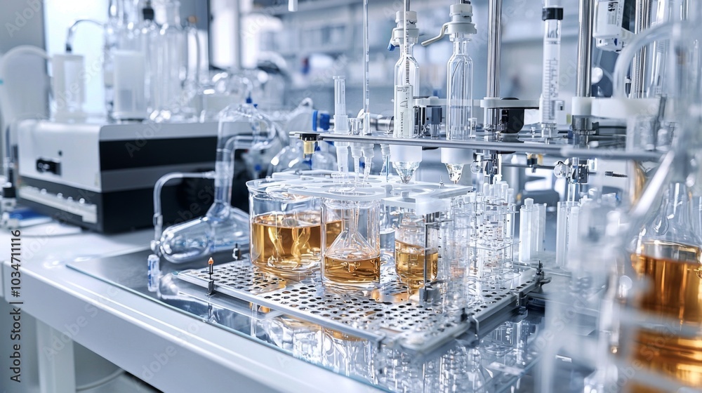 Detailed view of a lab workstation with complex chemical equipment, representing innovation in drug discovery Detailed view of a lab workstation with complex chemical equipment, representing innovation in drug discovery