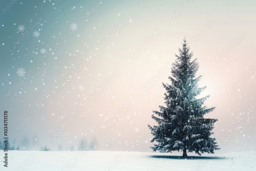 Tranquil winter scene with christmas tree and falling snowflakes - perfect for holiday greeting cards. AI