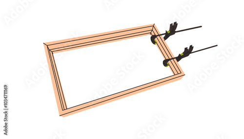 The process of making a wooden frame for a picture. Frame workshop. Working tool for pressing wood. Vector illustration in flat style isolated on a white background