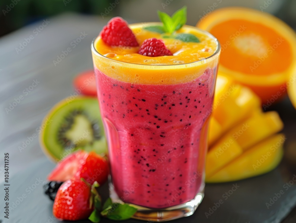 Glass of Pink and Yellow Smoothie with Fresh Fruit Garnishes Glass of Pink and Yellow Smoothie with Fresh Fruit Garnishes