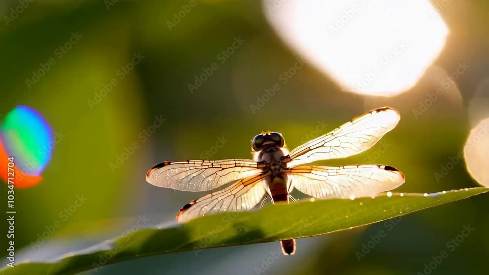 dragonfly perches on a vibrant green leaf, with soft, glowing bokeh lights in the background dragonfly perches on a vibrant green leaf, with soft, glowing bokeh lights in the background