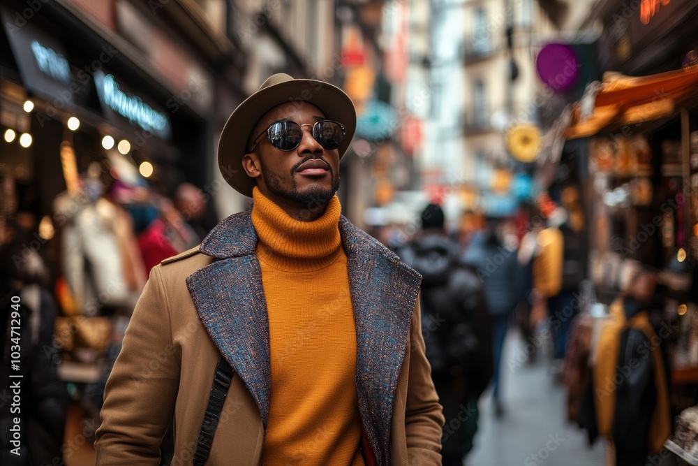 A stylish man walking through a busy street, wearing trendy clothing, with colorful shops and city life bustling around them. A stylish man walking through a busy street, wearing trendy clothing, with colorful shops and city life bustling around them.